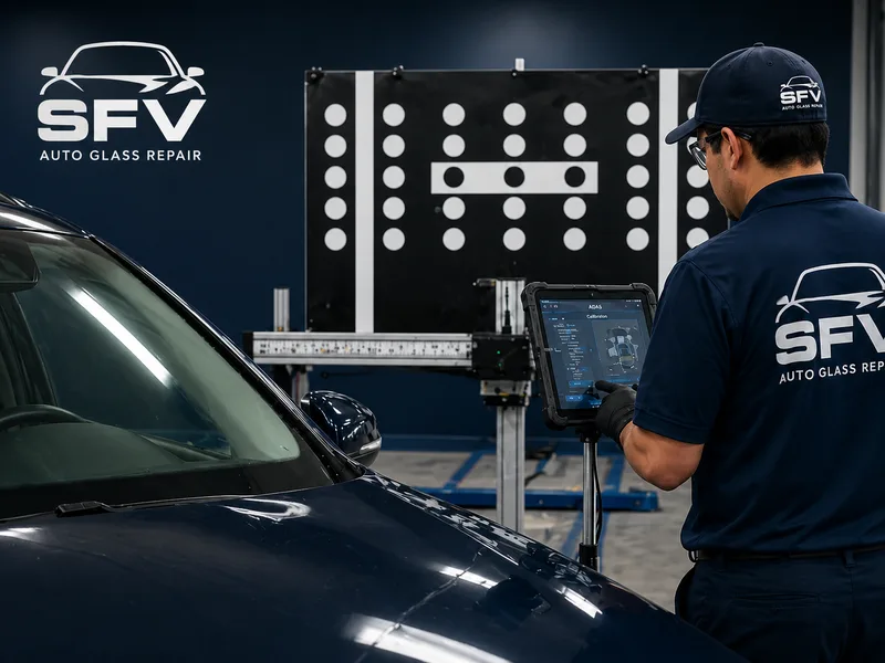 SFV Auto Glass technician running an ADAS calibration with a diagnostic tablet and target board