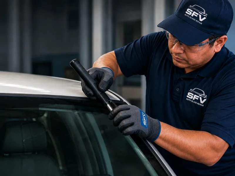 SFV Auto Glass technician installing a windshield trim molding