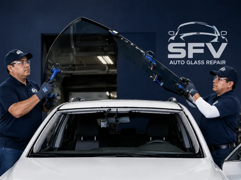 Two SFV Auto Glass technicians fitting a windshield onto a white SUV